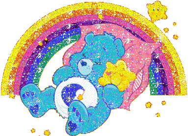 ID Begin: a blinking glitter gif of bedtime bear and a star asleep on a pillow in front of a rainbow. ID END